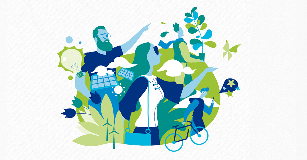 Logo der Initiative greenstart. Menschen, Solaranlagen, Pflanzen in einer Grafik in satten Blau- und Grüntönen